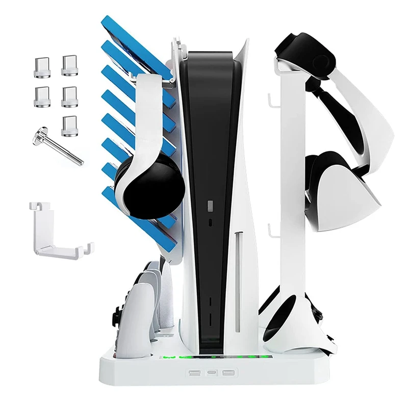 

For PS VR2 PS5 Charging Station With Cooling Fan, VR Charging Display Stand With Headset And Game Storage Holder White Parts