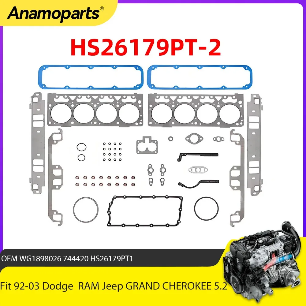 

Комплект прокладок головки двигателя подходит для всего 5,2 л для 98-03 Dodge B2500 B3500 Dakota Durango Ram 1500 Jeep Grand Cherokee 5.2L OHV VIN T Y