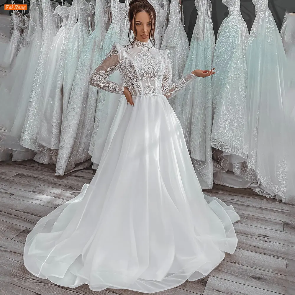 

Женское свадебное платье со шлейфом, изящное платье с длинными рукавами и высоким воротом, свадебное платье с кружевной аппликацией