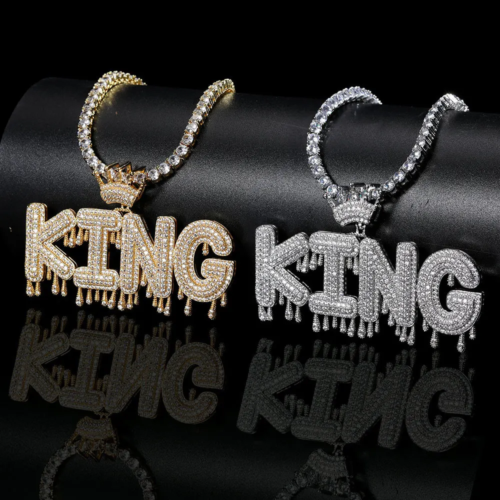 TopBling Hip Hop A-Z Custom Letter Pendant Necklace Waterdrop Charm Crown Buckle 18K Real Gold Plated Jewelry