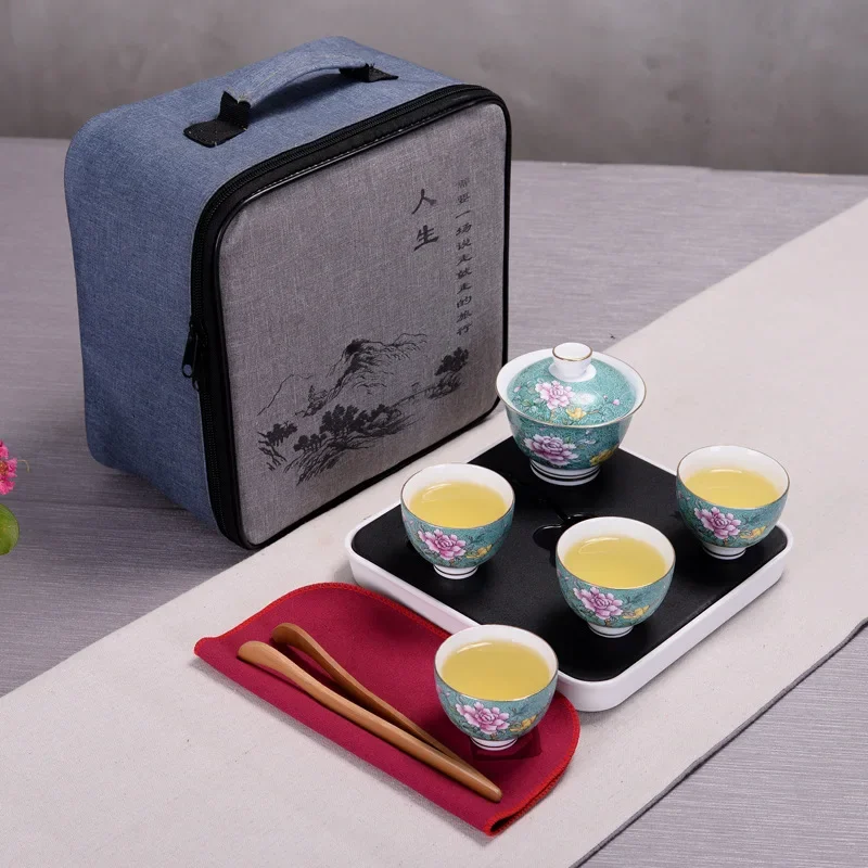 

New Chinese Designer Tea Ware Ceramic Flower Bowl Travel Tea Set Enamel Color Tea Bowl Inflatable Bubble Portable Business Gift