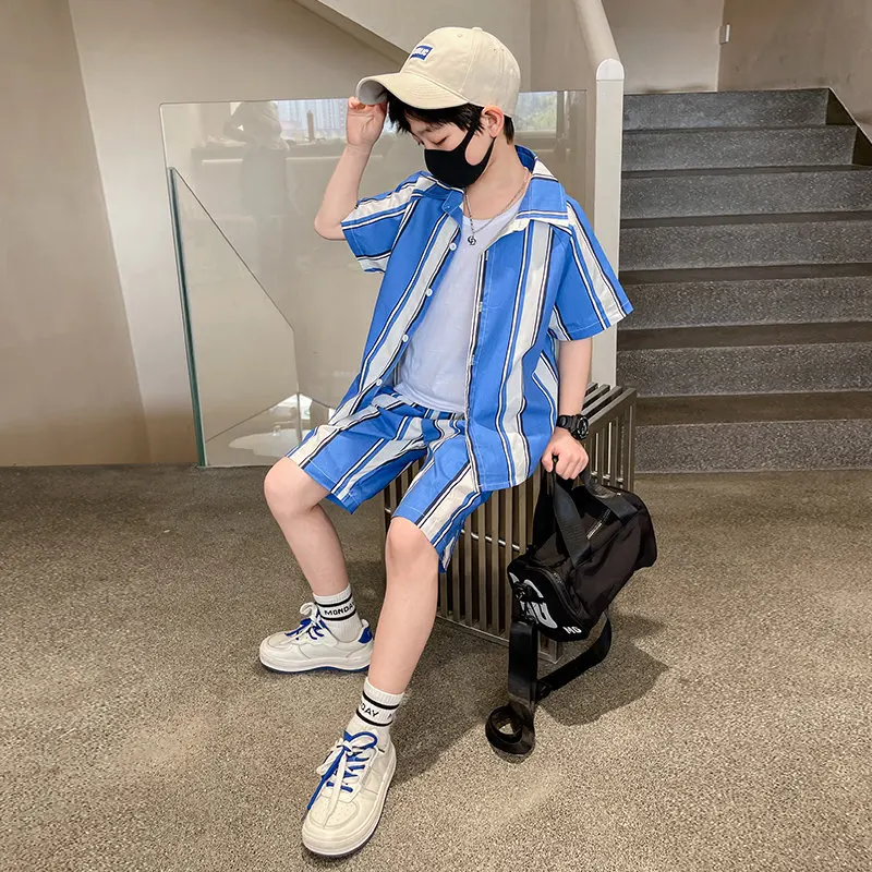 2022 Summer Children's Wide Stripe Clothing Set 3 Pieces Suit For Boys Shirt T-shirt And Shorts 3PCS Outfits For Kids Teenagers