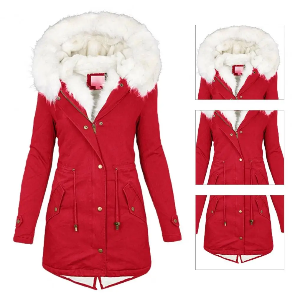 Cotton Coat Zipper Buttons Closure Super Soft Fleece Lined Multi Pockets Women Coat Waist Tight Winter Jacket for Work