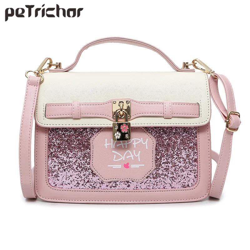 

Fashion Glitter Lock Shoulder &Crossbody Bag Women Letter Handbag Female Crossbody Bag Ladies Purse PU leather Pink Bag