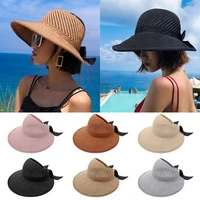 summer bowknot sun straw hats folding empty top visor caps adjustable solid color hollow bucket cap girls travel beach hat