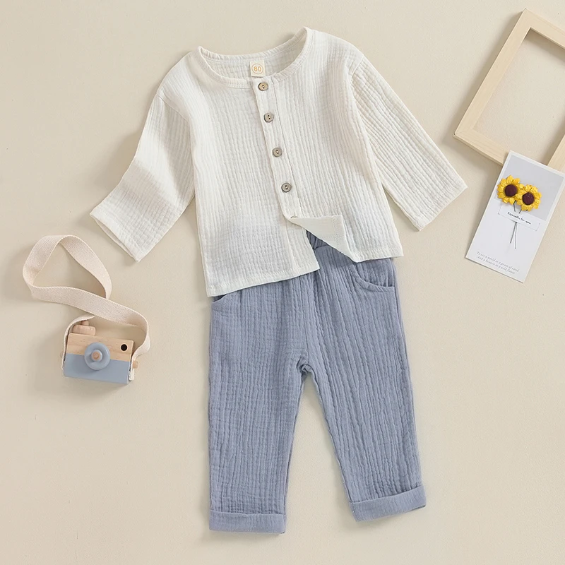 

Baby Kids Boys 2-piece Outfit Button Down Long Sleeve T-shirt with Long Pants Fall Outfit