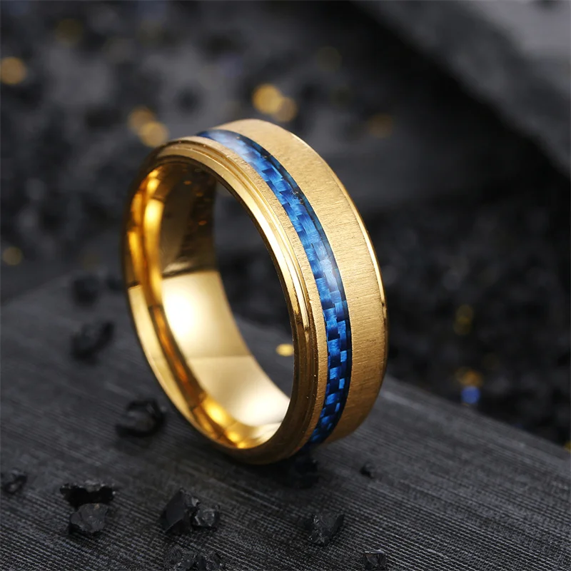 

Stainless Steel Couple Rings European and American High Quality Jewelry Men's Wedding Gold Blue Striped Glossy Wedding Rings