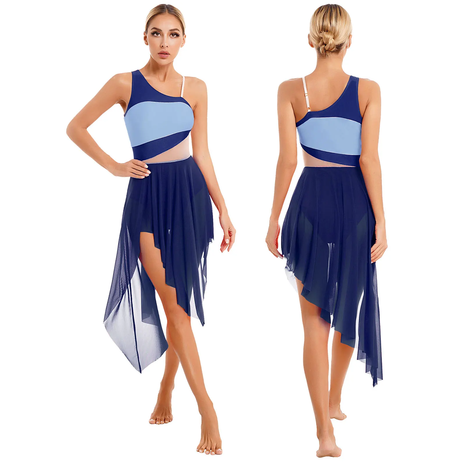 

Womens Breathable Color Block Patchwork Dress Dancewear Irregular Hem Waltz Lyrical Contemporary Dance Dresses Stage Competition
