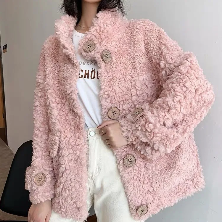 women fur Sheep Sheared Female Brief Paragraph Coat Keep Warm Thick Fur Coat Compound Fur Lambs Wool Coat Collar Shearling Coat