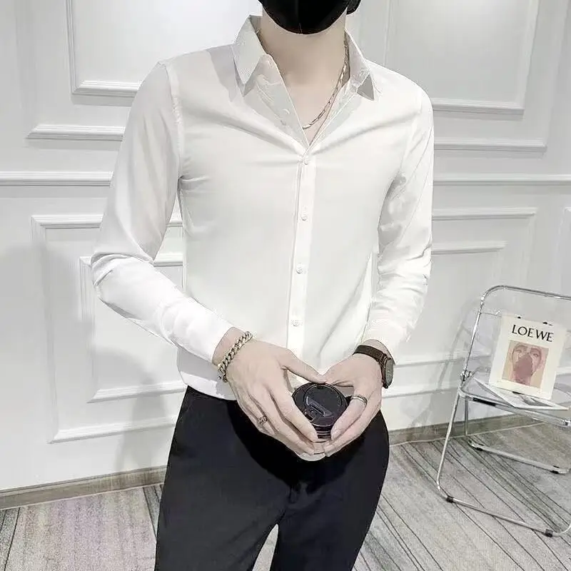 

New 2022 Spring Autumn Men Tops Long Sleeve Turn Down Collar Solid Thin Blouse Single-breasted Business Casual Slim Shirts W176