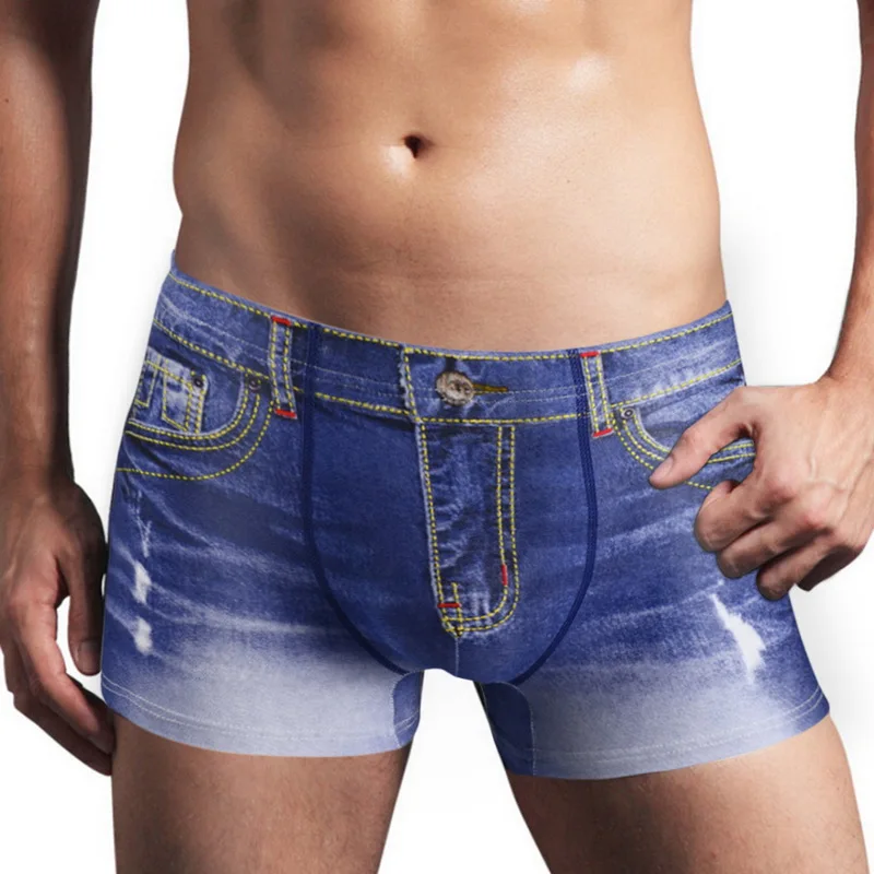 Male U Convex Pouch Boxers Short Pants Mens Briefs Shorts Boxers Faux Denim Jeans Print Sexy Male Underwear Underpants Summer