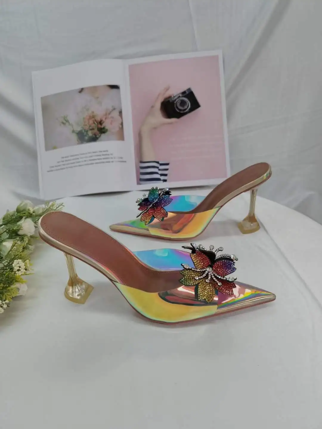 

Pointed Toe Rhinestone Flowers Pvc Slippers Slip-on Design Mules Slingback Stiletto High Heels Dress Party Shoes Shiny Crystal