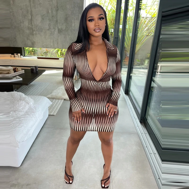 

Wishyear 2022 Striped Mesh Deep V Neck Long Sleeve Dresses for Women Fashion Sexy Mini Bodycon Dress Party Club Wear