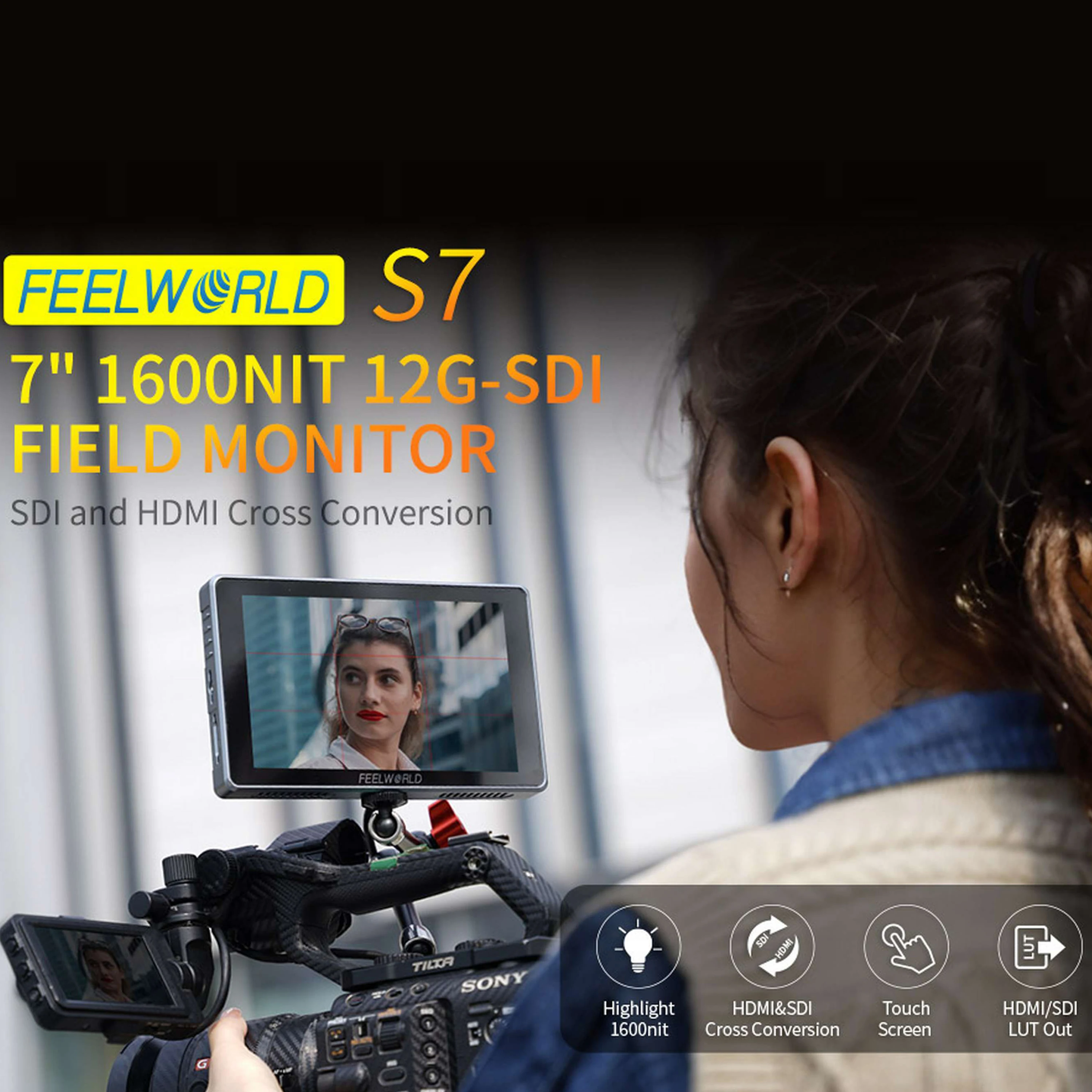 Фото FEELWORLD S7 Монитор камеры 7-дюймовый сенсорный экран 1600 нит 12G-SDI HDMI Яркий полевой монитор OEM Прямая продажа с фабрики №2