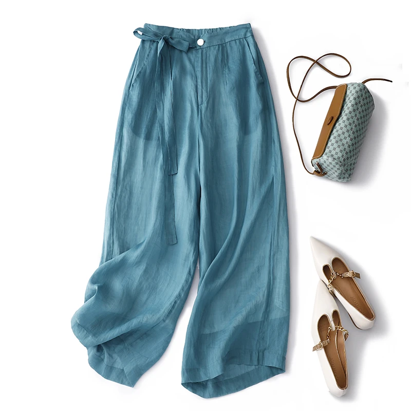 

Limiguyue летние женские тонкие повседневные широкие брюки, простые брюки длиной до щиколотки, подкладка, эластичная талия, дышащие синие U739