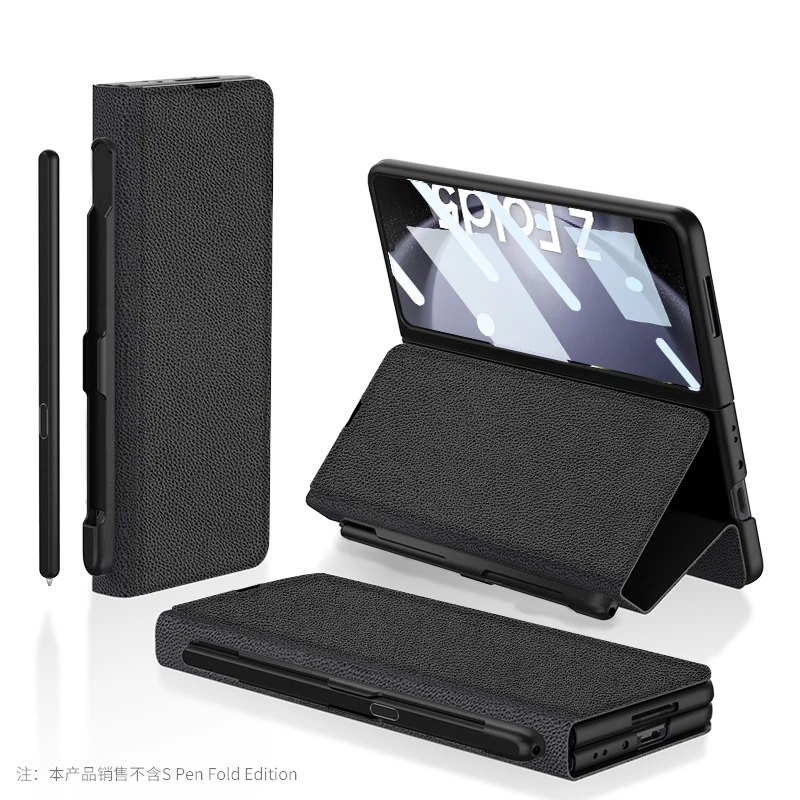 

Leather Flip Cover For Samsung Galaxy Z Fold 5 Case with Pen holder Armor Fundas with Front Glass