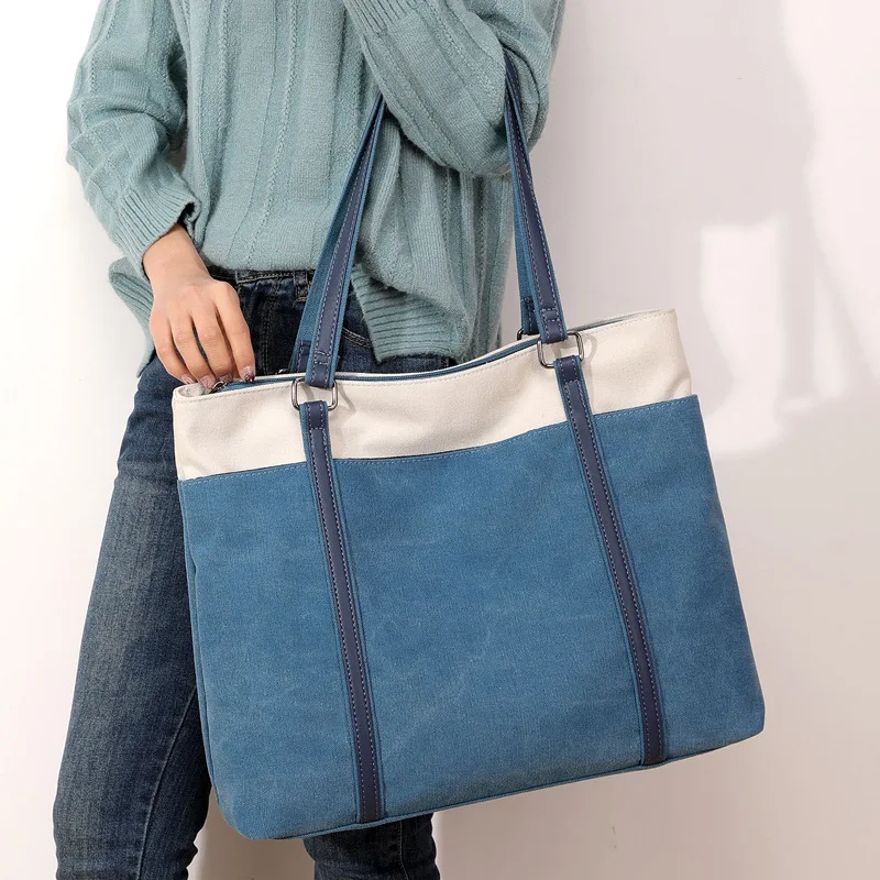 Women Canvas Tote Bag Patchwork Ladies Casual Handbags Shoulder Bag Large Capacity All-match Shopping Bag Top-handle Bucket Bag