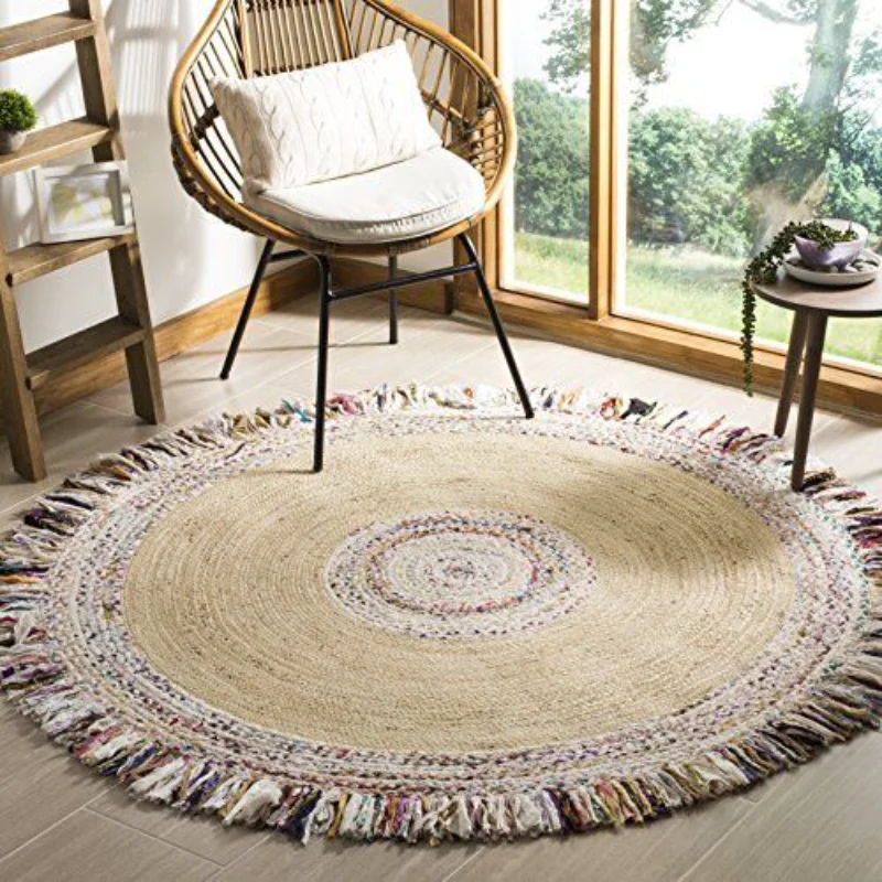 

3'X3' Handmade Carpet Boho Fringe Jute & Cotton Area Rug Light Beige Living Room Decoration