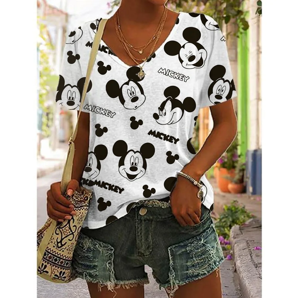 Женская футболка с коротким рукавом V-образным вырезом и принтом Минни Микки Маус