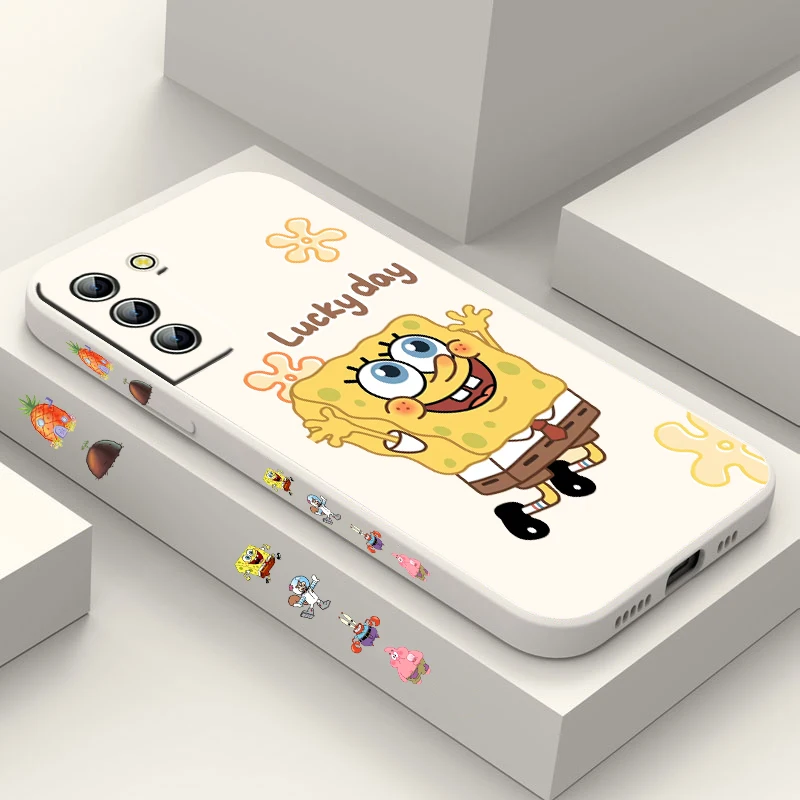 

Cartoon Cute SpongeBob Phone Case For Samsung Galaxy S22 S21 S20 Pro FE S10 Note 20 Plus Ultra Liquid Left Rope Cover