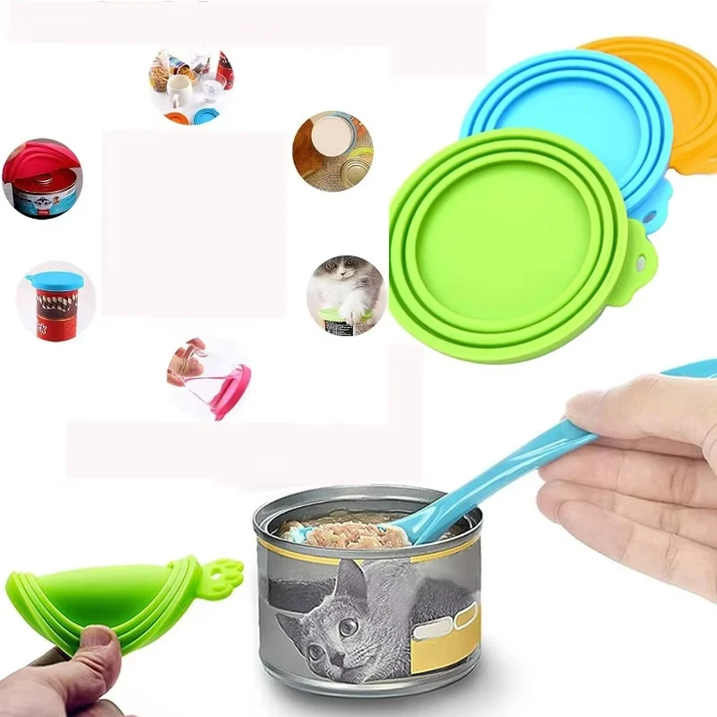 2PCS/set Reusable Pet Food Can Cover Silicone Dogs Cats Storage Tin Cap Lid Seal with Spoon