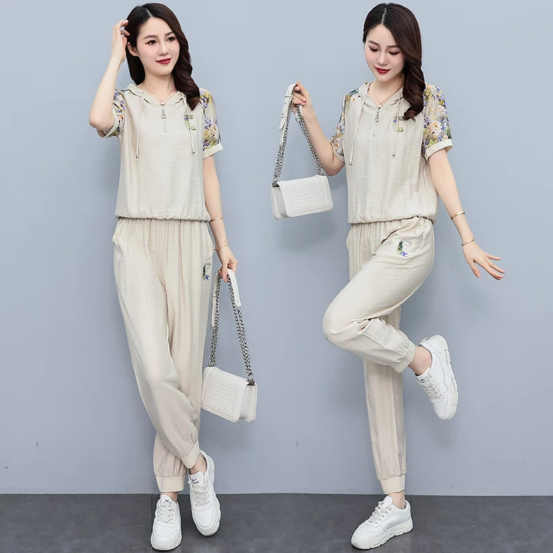 

Summer Fashion 2 Piece Set Short Sleeved 2022 Large Size New Beige Sportswear Women Sets Casual