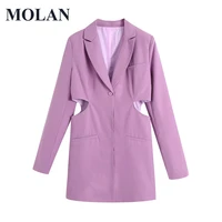 molan sexy cutout women fashion blazer high street solid long sleeve office wear pockets vintage top jacket lady outwear