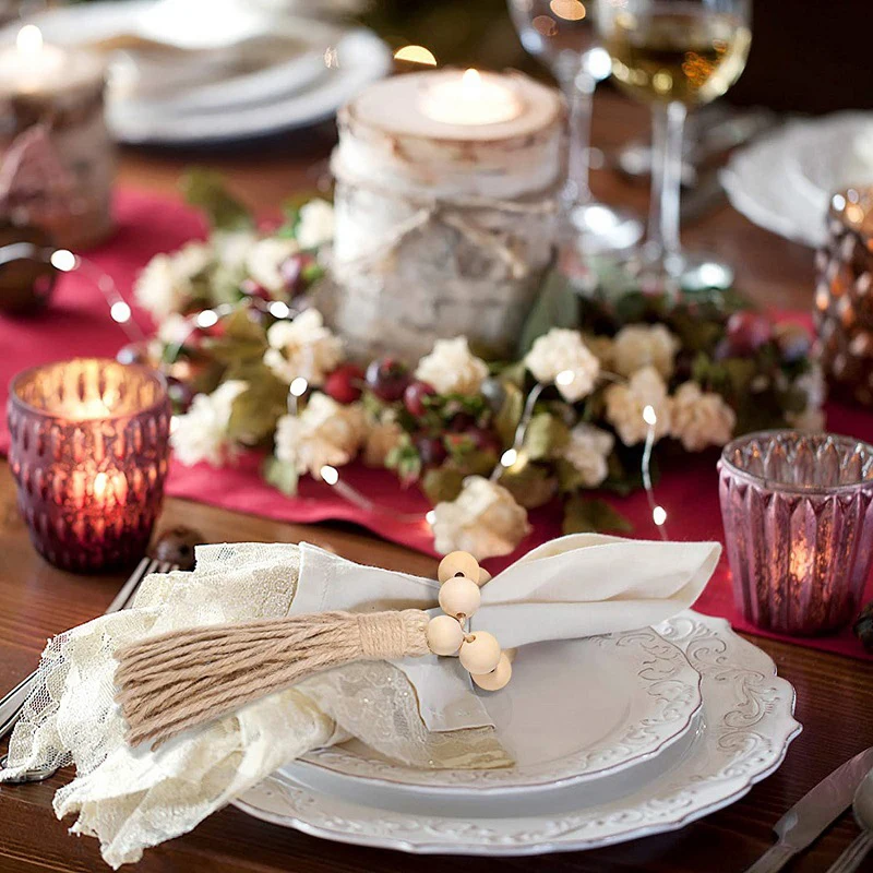 Элегантное деревенское деревянное кольцо для салфеток с кисточками и бусинами