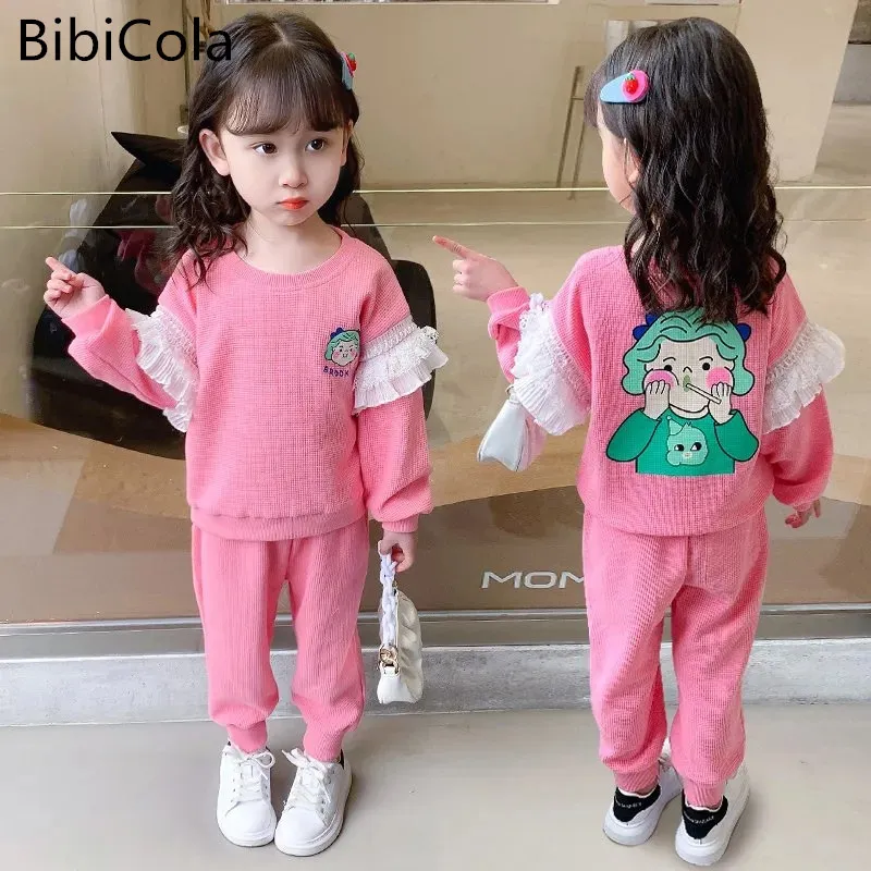 

Kids Girls Waffle Cotton Clothes Set Cartoon Sweatshirt + Casual Pants 2pcs Set Fashion 2022 Spring Fall Cute Baby Girl Outfits