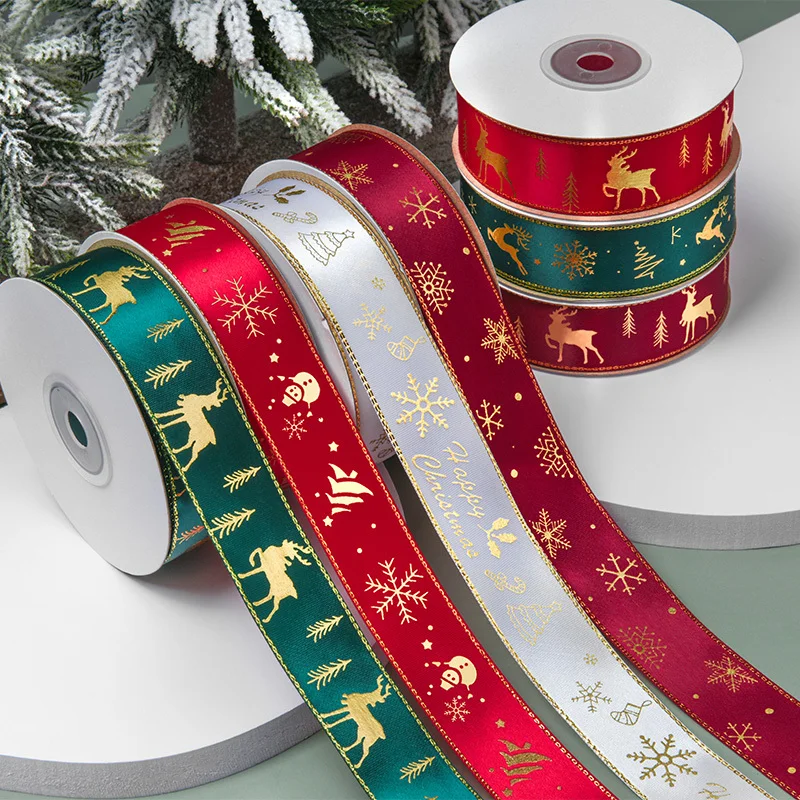 

Wholesale 25Yard 25mm Christmas Ribbon With Gold Wire Edge Printed For Tree Crafting Design Bow Decoration Gift Wrapping Packing