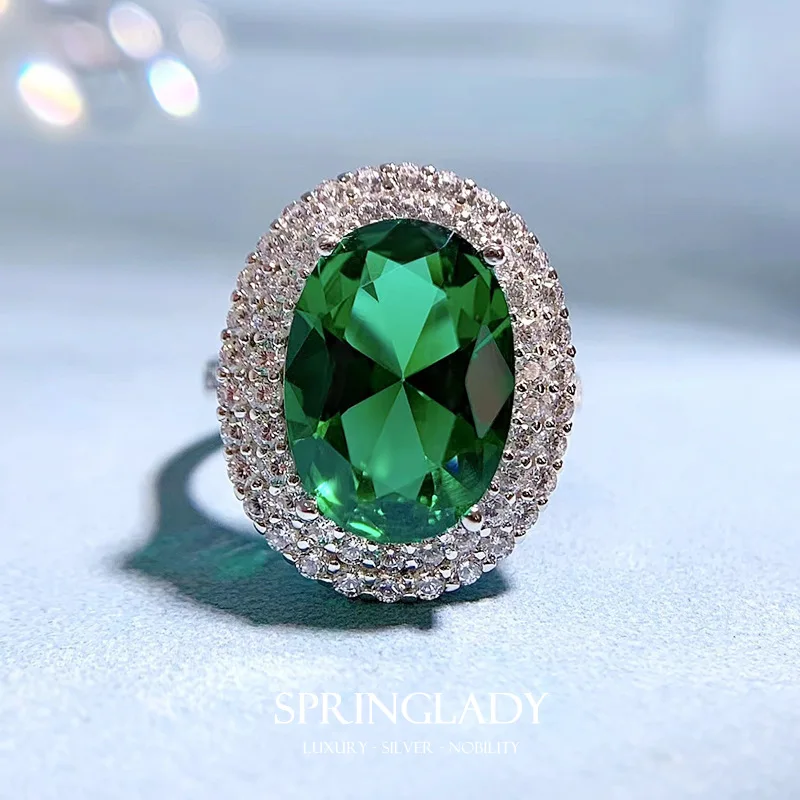 

SpringLady Silver 925 Jewlery Created Moissanite Emerald Gemstone Ring Anniversary Cocktail Party Rings for Women