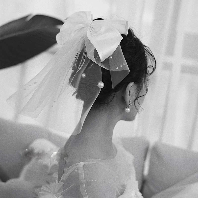 

Wedding Bride White Bow Veil Photography Accessories Elegant for Women