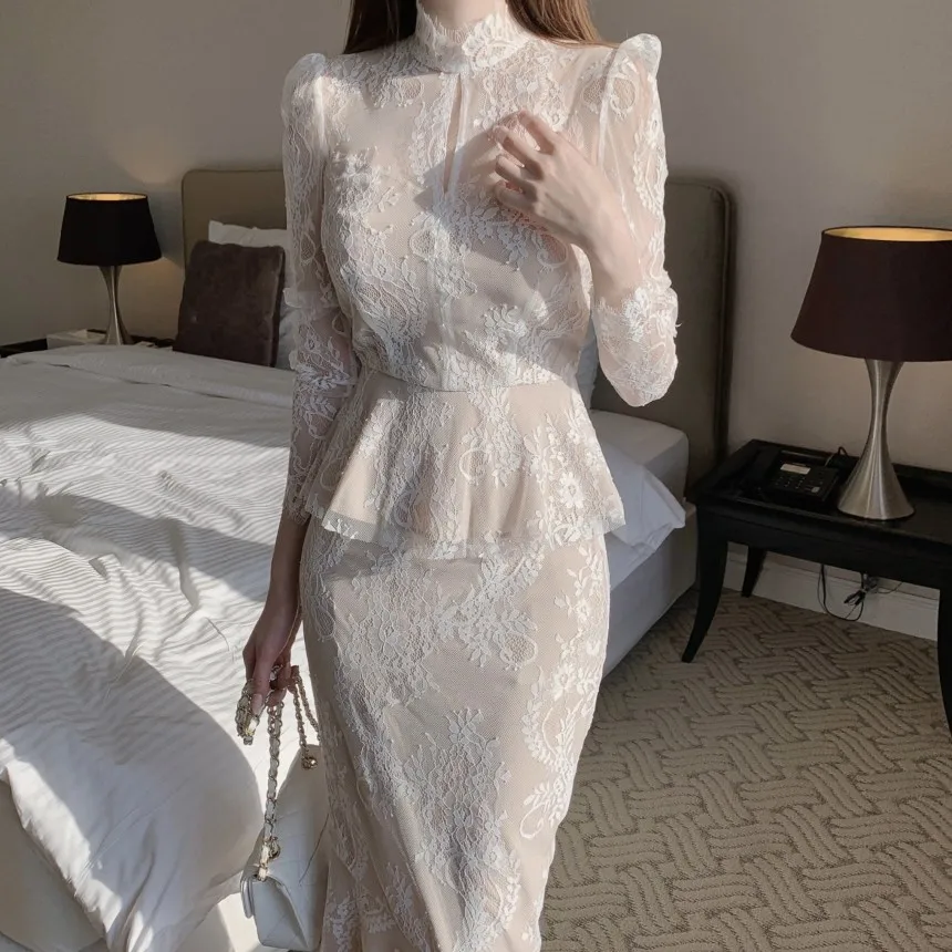 Ранняя осень 2023 новый Вьетнамский светский облегающий комплект с кружевным