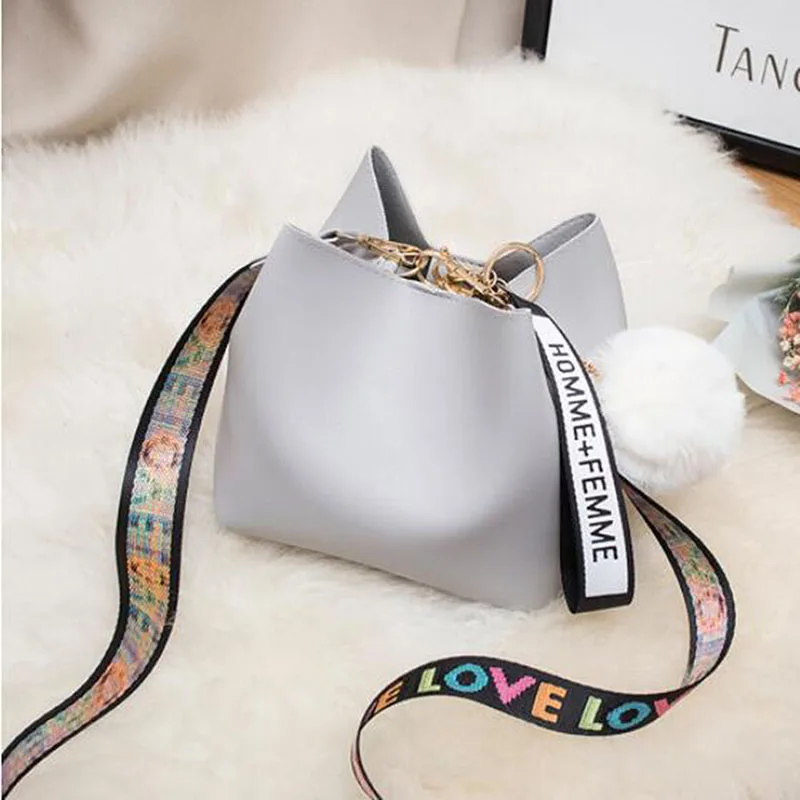 

Women Buckets Bag With Colorful Strap Shoulder Bag PU Leather Shoulder Bags Brand Designer Ladies Crossbody Messenger Bags