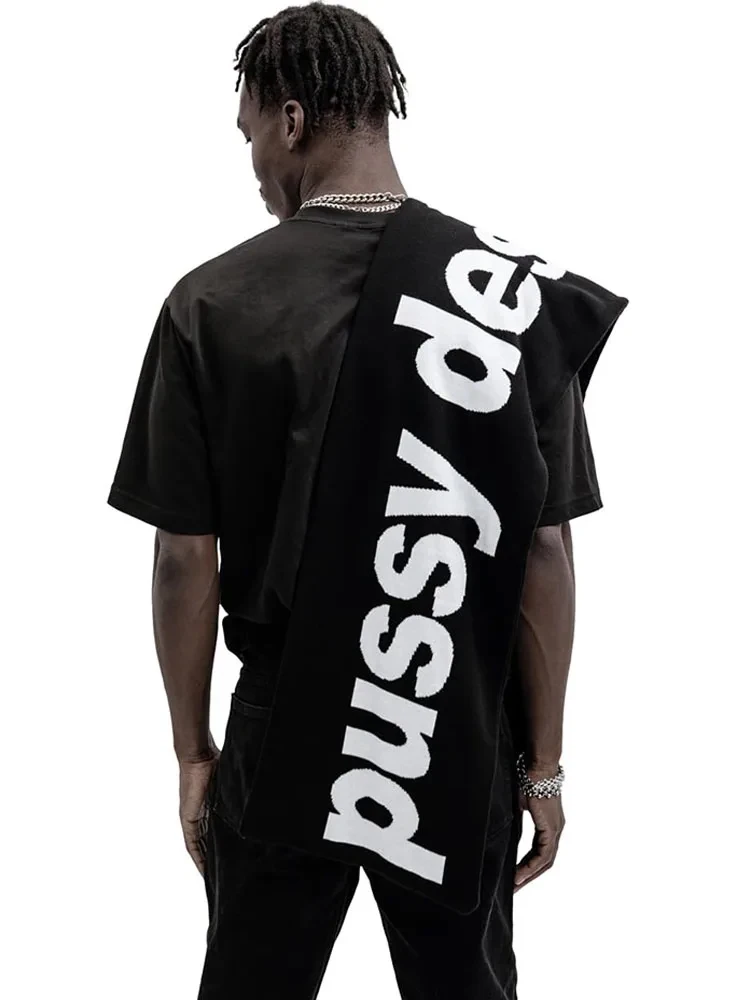 Мужской шарф зимняя уличная одежда Y2k черный вязаный с надписью в готическом