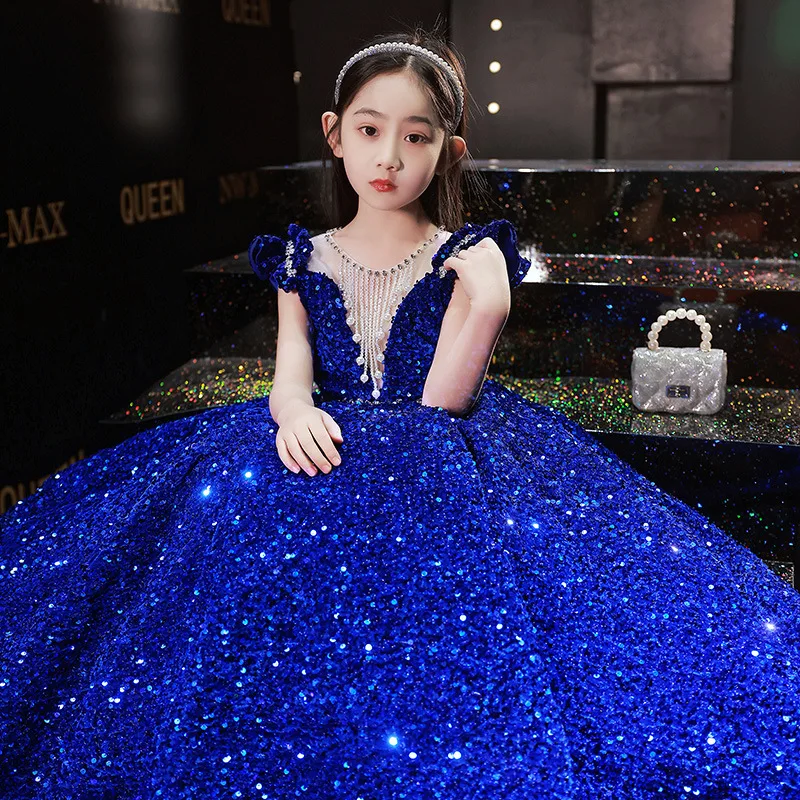 

Children's host dress princess skirt Pengpeng skirt heavy industry girl fashion catwalk piano performance costume sequin