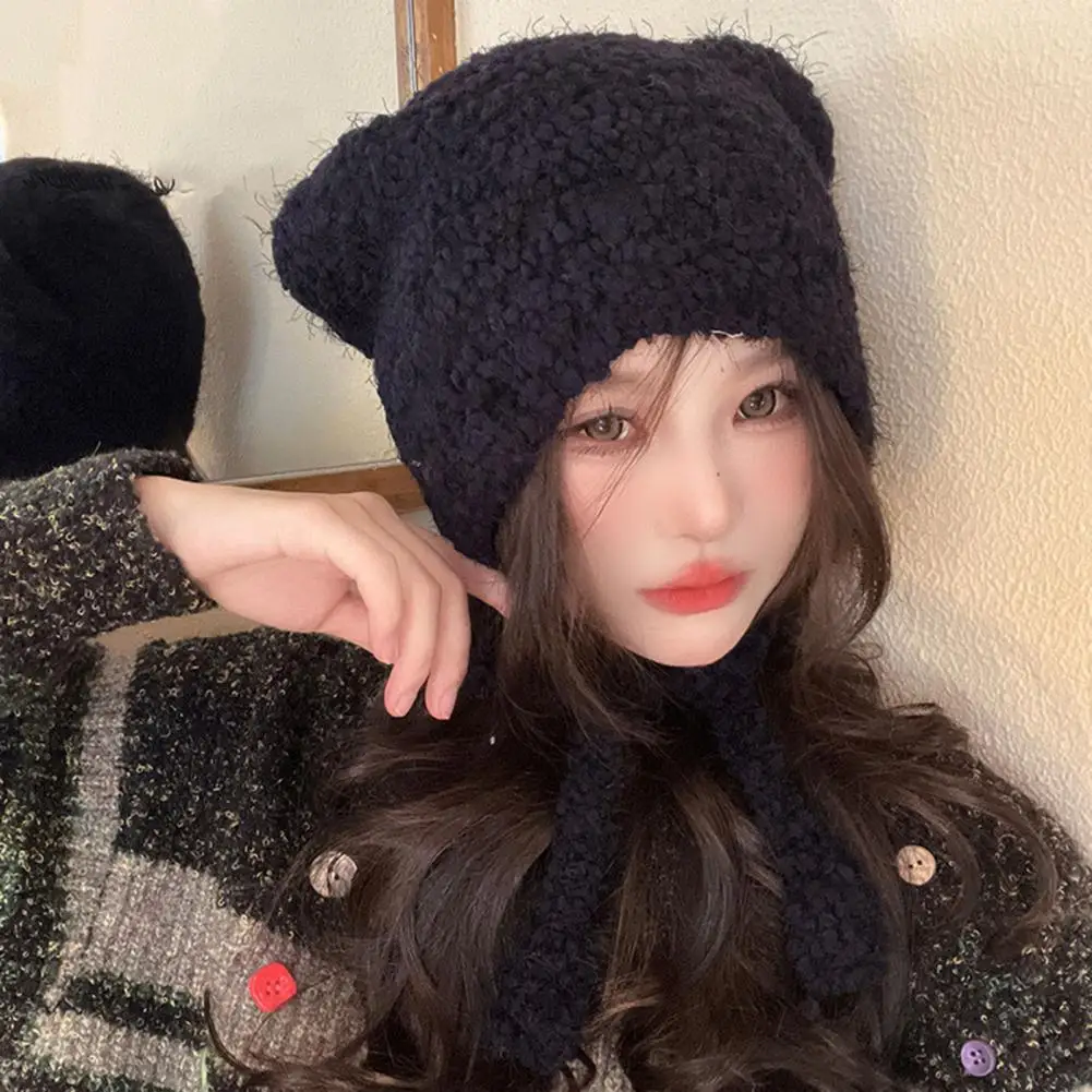 

Soft Women Winter Hat Cartoon Bear Head Shape Knitted Warm Elastic Ear Protection Drawstring Decorative Lady Winter Cap Beanie