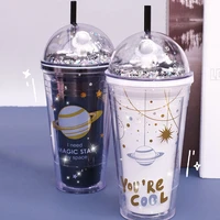 480ml straw water cup space star planet double layer bottle glitter childrens leak proof bottle travel portable cute drinking