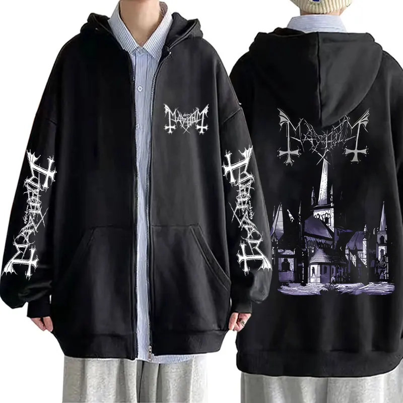 Mayhem De Mysteriis Dom Sathanas Graphic Zipper Hoodie Men Death Black Metal Rock Band Zip Up Hoodies Men's Fleece Jacket