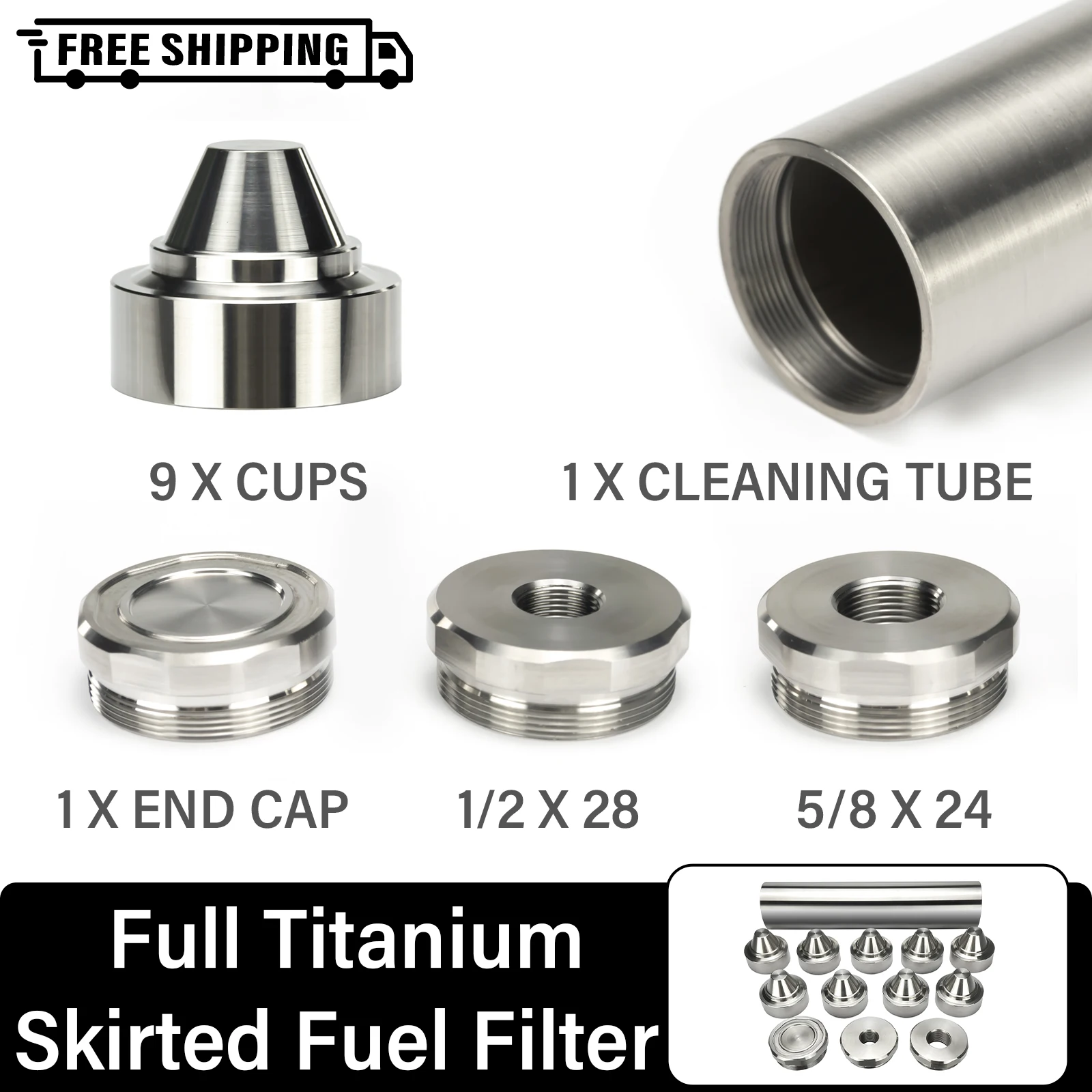 

7.8''L 1.5"OD Full Titanium Solvent Cleaning Filter 1.375x24 TPI 9x Skirted Cone Cups Built in Spacer Two end caps 1/2x28,5/8x24