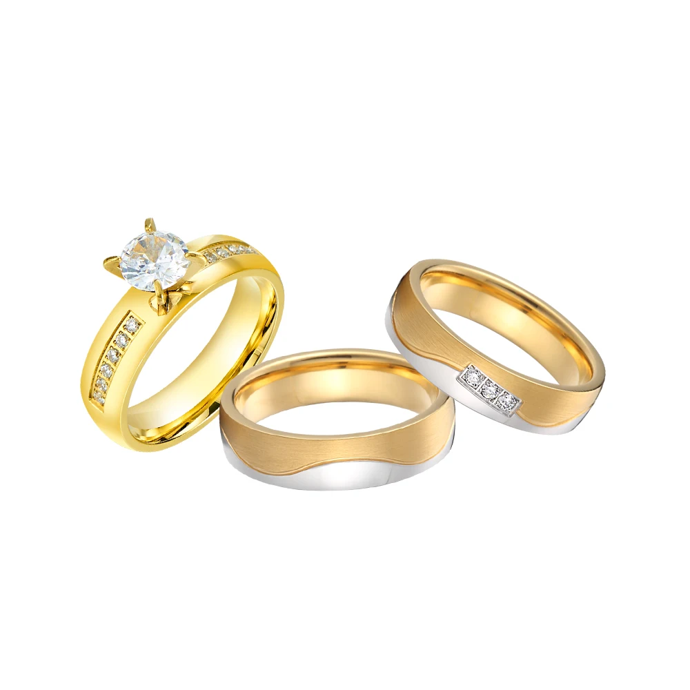 

3pcs Wedding Engagement Rings Sets For Couples 18k Gold Plated Jewery cz Diamond Ring Wholesale Price