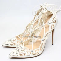 hollow pattern cross strap sandals pointed toe stiletto lace up shallow solid color 12cm super high heel sexy all match shoes