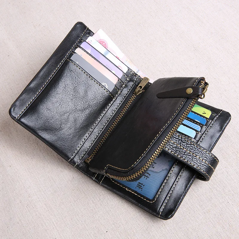 Genuine leather large capacity men women's tri-fold small wallet simple casual real cowhide credit card holder black coin purse