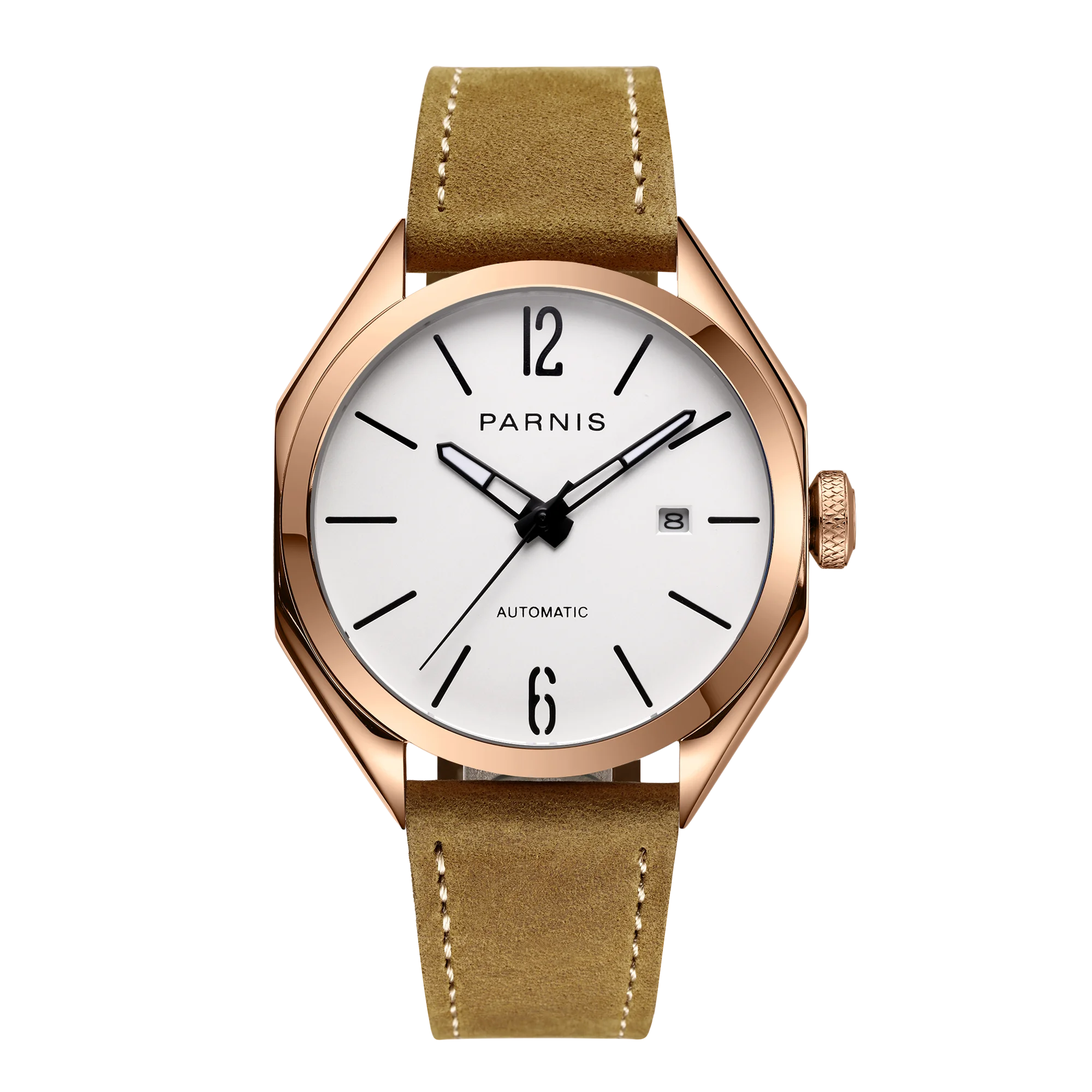 

Fashion Parnis 43mm Rose Gold Automatic Mechanical Men Watches Leather Strap Calendar Sapphire Glass Waterproof Men's Watch 2023