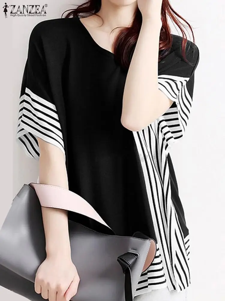 

ZANZEA Holiday Summer Stripe Patchwork Women Blouse Bat Half Sleeved O-Neck Casual Loose Baggy Shirts Fashion Oversized Tops