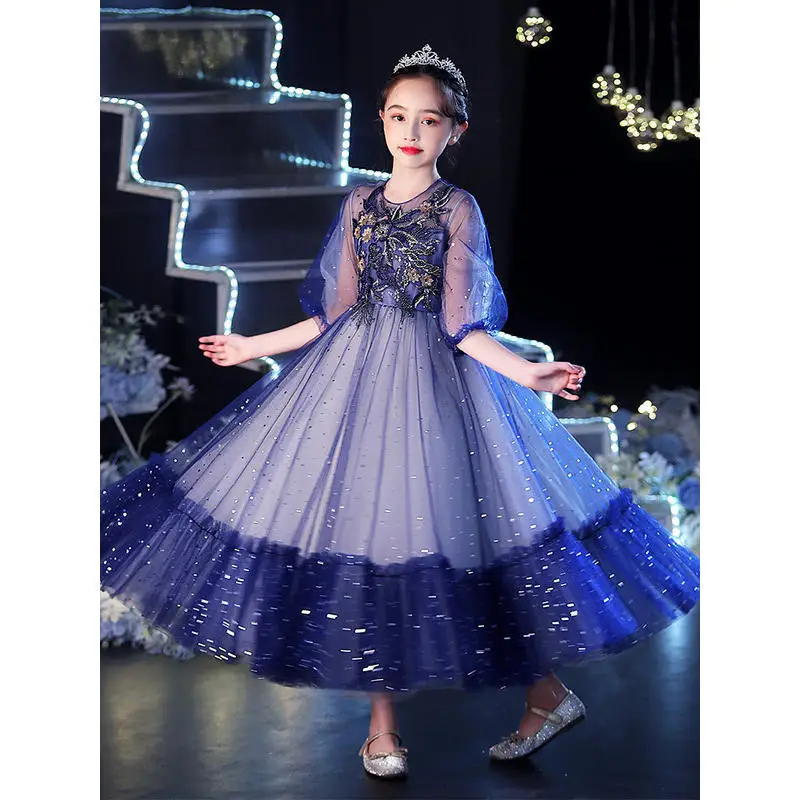 

Kids Girls Summer 2022 New Short Sleeve Princess Ball Gown Long Dress Children Clothing Vintage Fashion Print Mesh Dresses A01