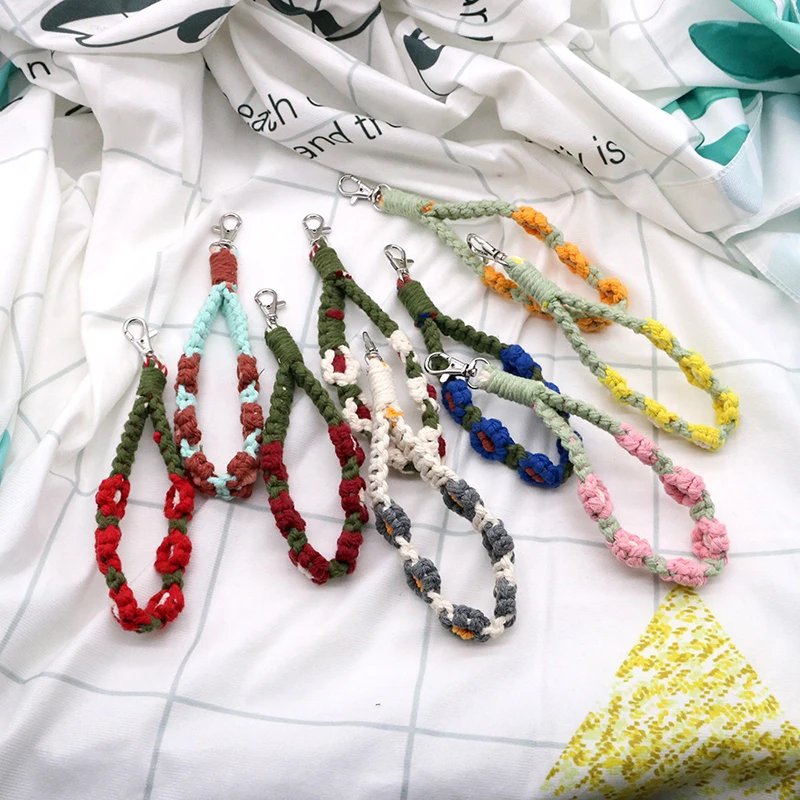 

Boho Macrame Braided Keychain with Lobster Claw Cotton Cord Wristlet Lanyard Key Fob Strap for Women Woven Tassel Accessories