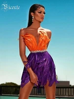 vc contrasting dress orange purple feather fashion sleeveless waist diamond design tube top short skirt