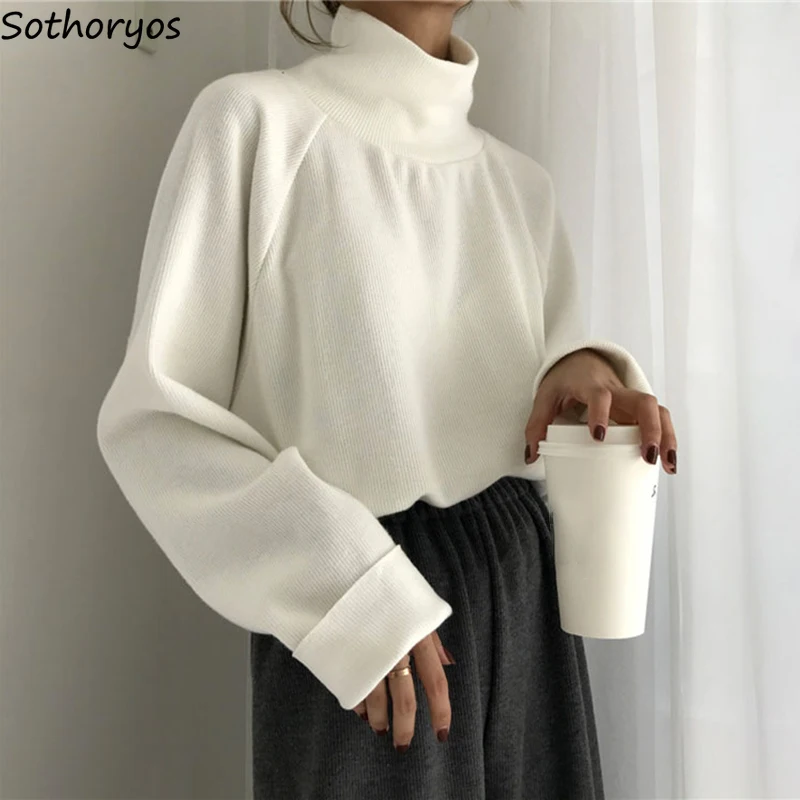 

Turtleneck Hoodies Women Loose Solid Simple Thicken Winter All-match Tops Female All-match Basic Sweatshirts Vintage Design Chic