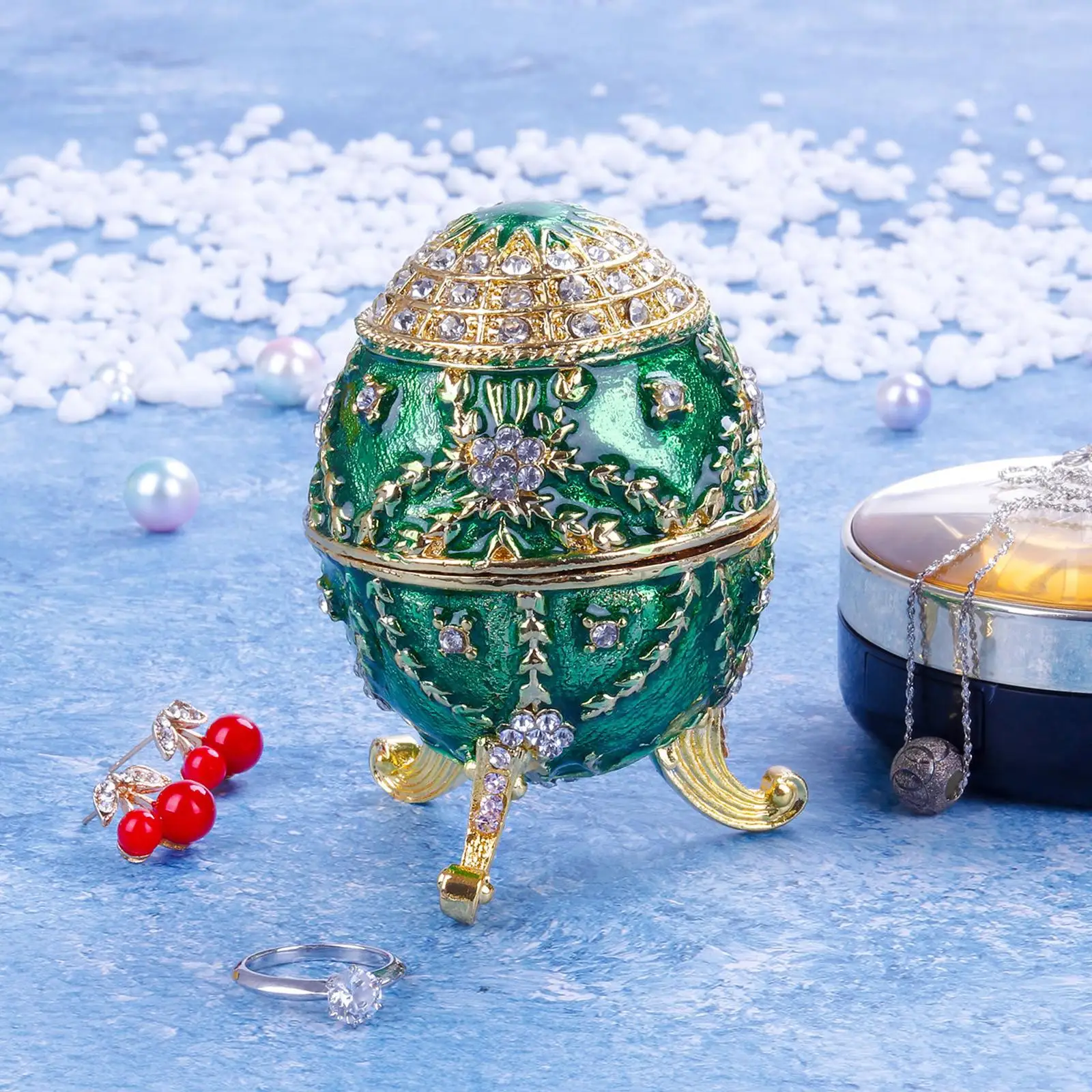 

Enameled Easter Egg Jewelry Box Vintage Style with Stand Decoration Green